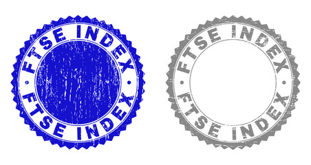 Grunge FTSE INDEX stamp seals isolated on a white background. Rosette seals with grunge texture in blue and grey colors. Vector rubber overlay of FTSE INDEX label inside round rosette.