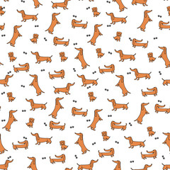 Seamless pattern with funny dachshunds and paw.