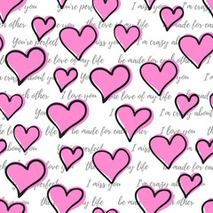 Seamless pattern with hand drawn hearts on text background