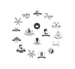 Set of vintage barbershop emblems, labels, badges, logos. Vector collection of hand drawn barbershop tools and accessories with hipster model man.