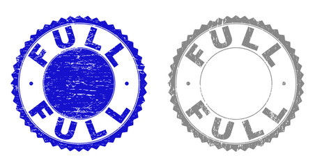 Grunge FULL stamp seals isolated on a white background. Rosette seals with distress texture in blue and gray colors. Vector rubber overlay of FULL title inside round rosette.