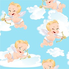 Cute little cupids shoots a bow on blue sky with clouds seamless pattern