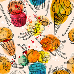 Seamless pattern with watercolor ice cream and vanilla pods