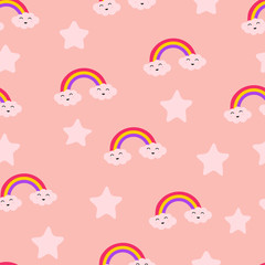 Cloud Rainbow Star and Sun Cute Seamless Repeat Pattern, Laughter Fun Care Joy, Love for Two, Cartoon Vector EPS 10 Illustration Wallpaper. Nursery Background for Kid Room.