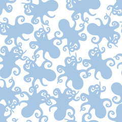 Seamless pattern with violet silhouettes of octopus simple on white. Funny endless cute marine texture for fabric, clothes and paper goods for kids. Textile design. Vector illustration