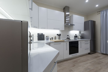 Interior. Kitchen modern, white, gray, beige color