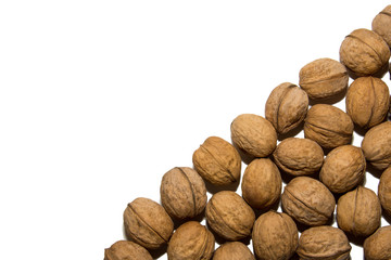 Close-up of walnut. Walnut in the corner. From the side. On white background. Isolated.