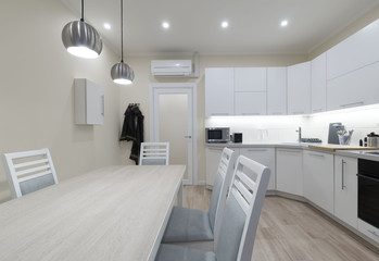 Interior. Kitchen modern, white, gray, beige color