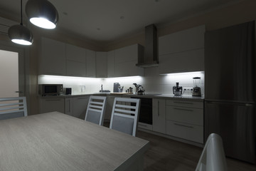 Interior. Kitchen modern, white, gray, beige color