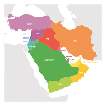 West Asia Region. Colorful map of countries in western Asia or Middle East. Vector illustration