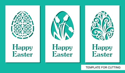 Set of greeting card with eggs and text Happy Easter. Floral pattern and plant theme. White object on a green background. Template for laser cutting, wood carving, paper cut or printing.
