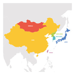 East Asia Region. Colorful map of countries in eastern Asia. Vector illustration
