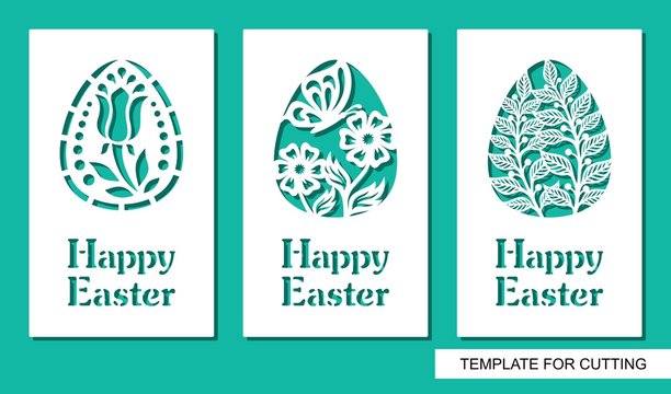 Set of greeting card with eggs and words Happy Easter. Floral pattern and plant theme. White object on a green background. Template for laser cutting, wood carving, paper cut or printing.