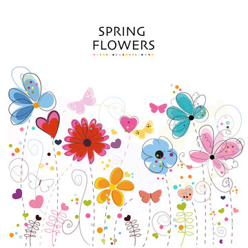 Floral greeting card with colorful decorative abstract spring flowers