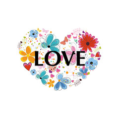 Heart with ''Love'' text. Abstract colorful flowers, hearts and butterflies