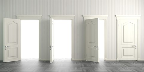 Four white open doors on the wall