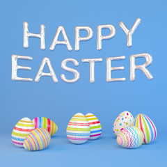 3d render - eight colorfu Easter eggs on blue background - balloons - happy easter