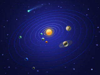 Obraz premium 3D illustration of our Solar System with planets and asteroid belt on dark background