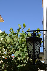 Calle con casa y farol