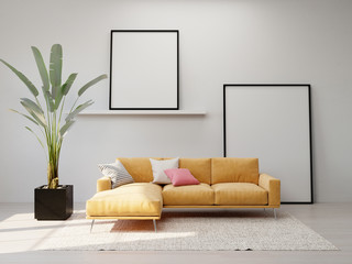 mock up poster frame in hipster interior background, scandinavian style, 3D render, 3D illustration