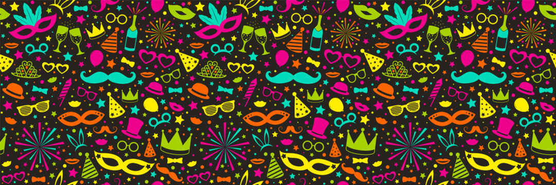 Funny wallpaper with with carnival, photobooth and birthday party decorations. Vector