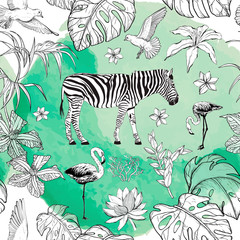 Fototapeta na wymiar Seamless watercolor pattern with tropical flowers and flamingo birds