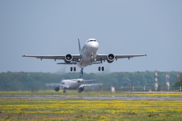Airplane take of at the airport in Bucharest 