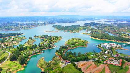 Fototapeta na wymiar Panoramic landscape of the lake of Guatape from Rock of Guatape, Piedra Del Penol, in Medellin area, Colombia