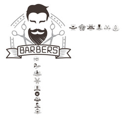 Set of vintage barbershop emblems, labels, badges, logos. Collection of hand drawn barbershop tools and accessories with hipster model man.
