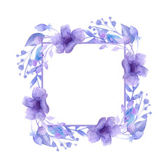 Frame of beautiful lilac delicate flowers. Watercolor drawing. Decorate the wedding invitation.