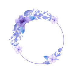 Watercolor wreath of beautiful delicate lilac flowers. For decoration of wedding invitations. Freehand drawing. Spring mood.