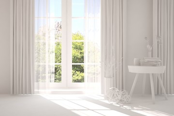 White stylish empty room with summer landscape in window. Scandinavian interior design. 3D illustration