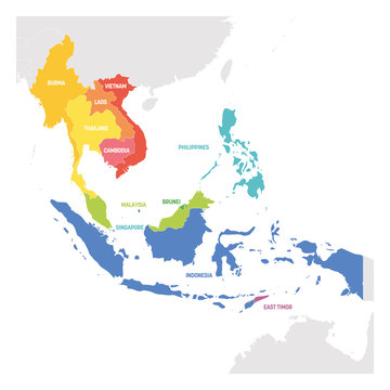 Southeast Asia Region. Colorful map of countries in southeastern Asia. Vector illustration