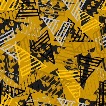 Abstract seamless pattern for girls,boys.Creative vector background with hearts, triangle, geometric figures.Funny wallpaper for textile and fabric.Fashion style.Colorful bright Pink, yellow, purple