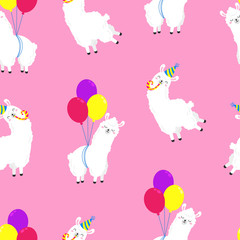 Funny cartoon pattern with cute llamas. Vector Doodle Illustration. Seamless wallpaper, background. Template for design, print, cards, textiles, wrappers