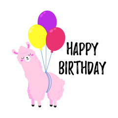 Obraz na płótnie Canvas Birthday vector cartoon greeting card design. Doodle illustration. Template, background for print, design. Funny poster with cute llama. Happy birthday party