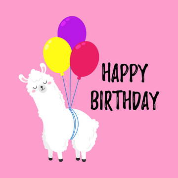 Birthday vector cartoon greeting card design. Doodle illustration. Template, background for print, design. Funny poster with cute llama. Happy birthday party