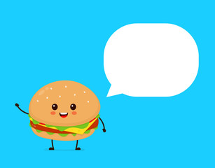 Happy smilling cute burger with speech bubble