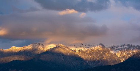 Carpathian mountains in Romania, mountain peak with snow 