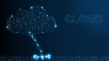 Cloud Technology. Cloud Computing, Big Data or Cloud Computing Concept. Abstract Digital Background. Wireframe Cloud Storage Sign on Dark Blue Background. Vector Illustration or Background.