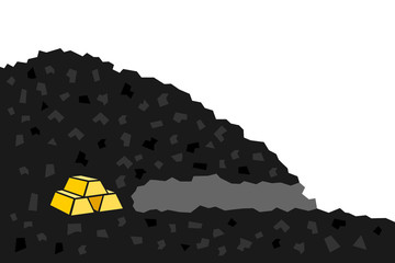Gold mine with golden precious metal - gold bullion and bar is hidden underground. Treasure, wealth ad richness is found  by miner. Vector illustration