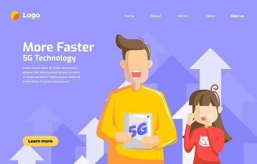 5G more faster technology for future with daddy holds the gadget and his daughter is surprised to know the speed of the connection. Concept flat people characters vector illustration for business.