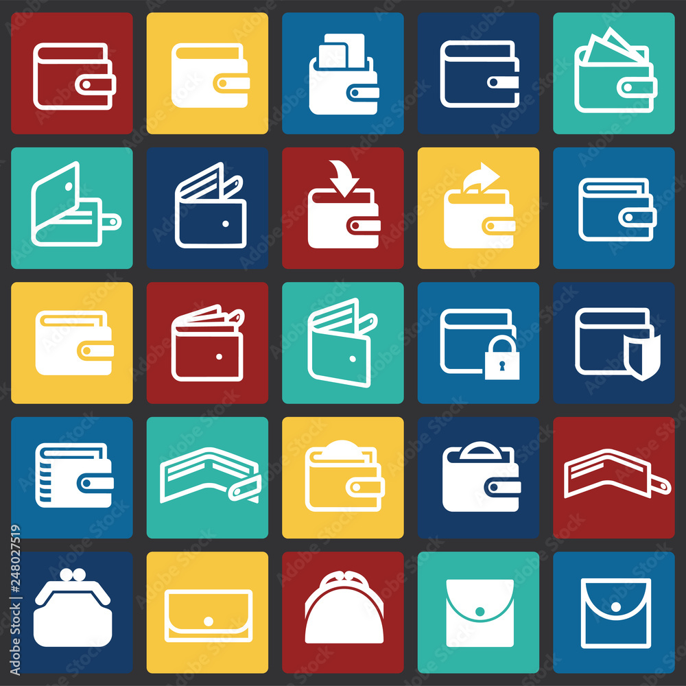 Poster wallet icons on color squares background for graphic and web design, modern simple vector sign. inte