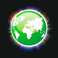 Green planet earth and world map colorful light beams, vector