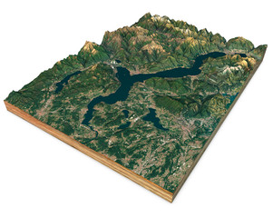 Satellite view of Lake Maggiore, map, mountains and reliefs, split in 3d. 3d rendering. Lombardy, Piedmont. Italy. Elements of this image are furnished by NASA