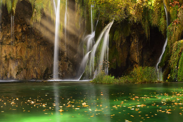 Plitvice lakes in autumn time with beautiful waterfall, Croatia