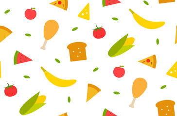 Seamless pattern with different food babana, corn, bread, meat, tomato, cheese. ets. Textile print design. Vector graphic