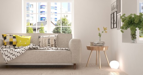 White stylish minimalist room with sofa and summer landscape in window. Scandinavian interior design. 3D illustration
