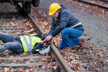 Railroad engineer injured in an accident at work on the railway tracks. Coworker helping him
