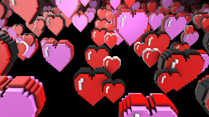 8 bits pixel hearts illustration. Retro arcade video game ValentineÂ´s Day rendered image.